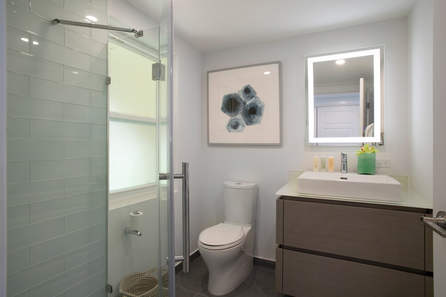 A bathroom with a toilet, sink, and lighted mirror.