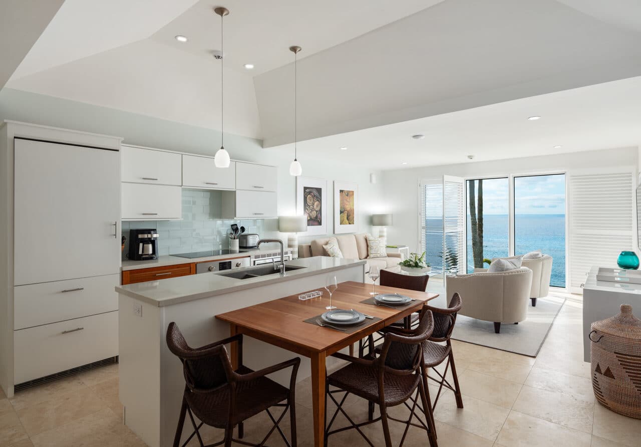 A kitchen and dining area next to a living area.