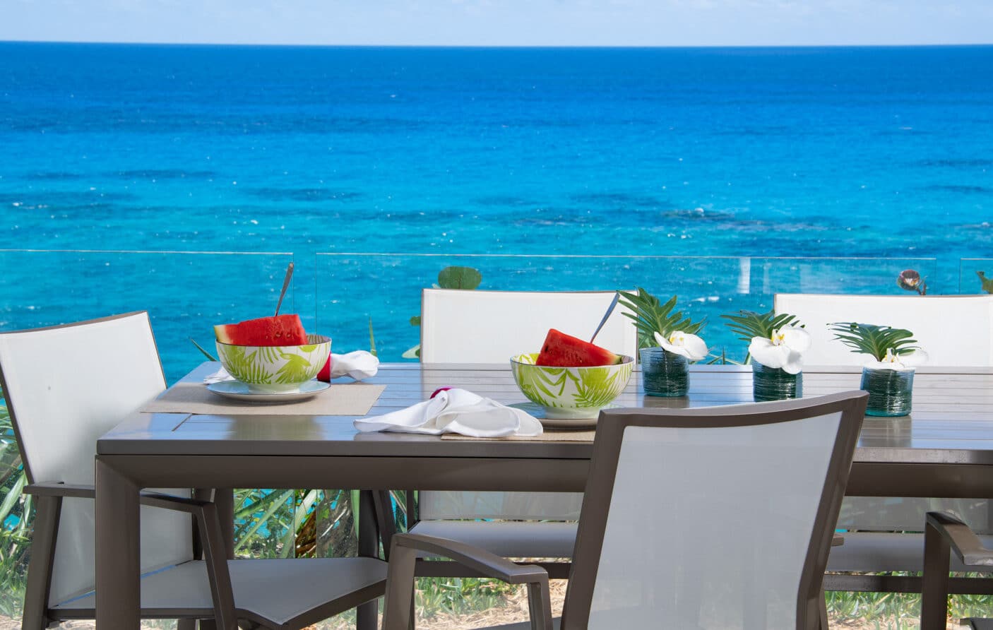 A dining table outside with a view of the ocean in the background.