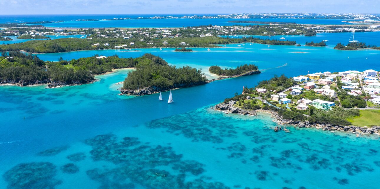 Aerial of the Spirit of Bermuda and other sailboats in St. Georges. Aerials by John Singleton