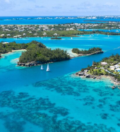 Aerial of the Spirit of Bermuda and other sailboats in St. Georges. Aerials by John Singleton