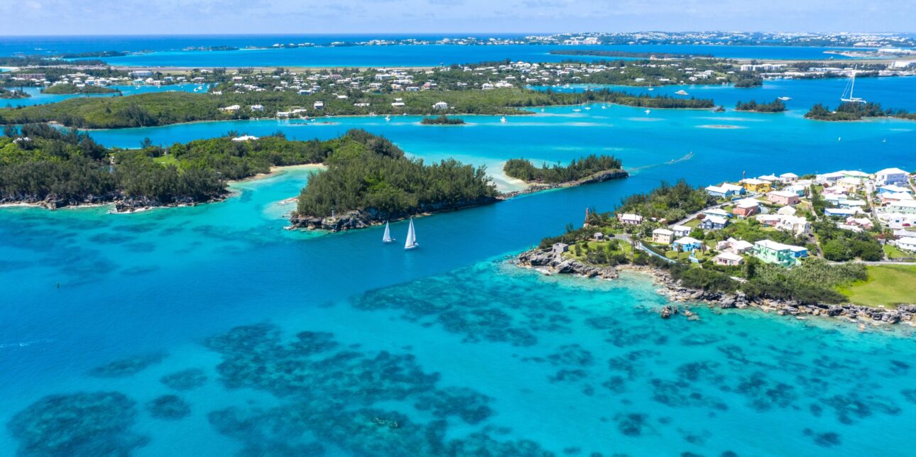 Aerial of the Spirit of Bermuda and other sailboats in St. Georges. Aerials by John Singleton