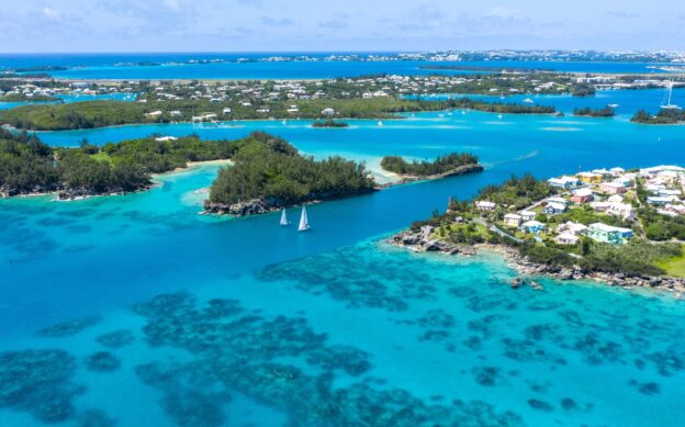 Aerial of the Spirit of Bermuda and other sailboats in St. Georges. Aerials by John Singleton