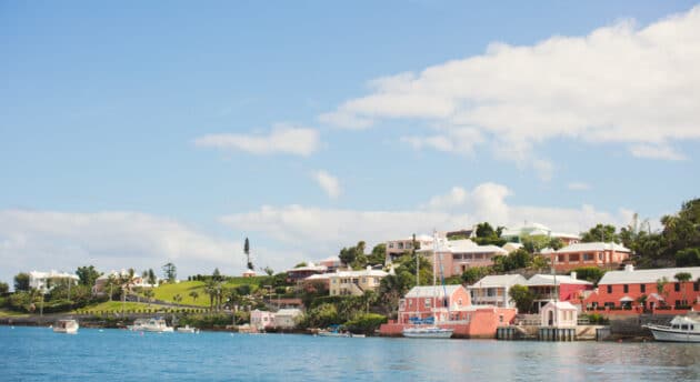 A view of a city on a waterfront.