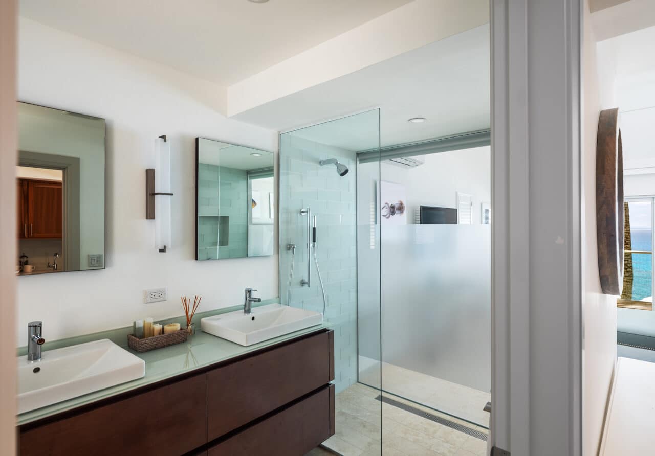 A bathroom with two sinks and a shower booth.