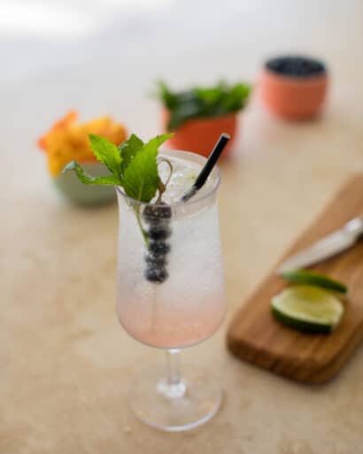 A cocktail with blueberries and mint leaves.